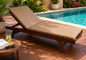 Teak Pool Lounger with padding and drinks table.