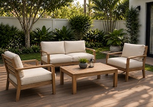Teak Outdoor Sofa
Available in 2-1-1 format, with a coffee table.
Suitable for covered patios/ terraces.